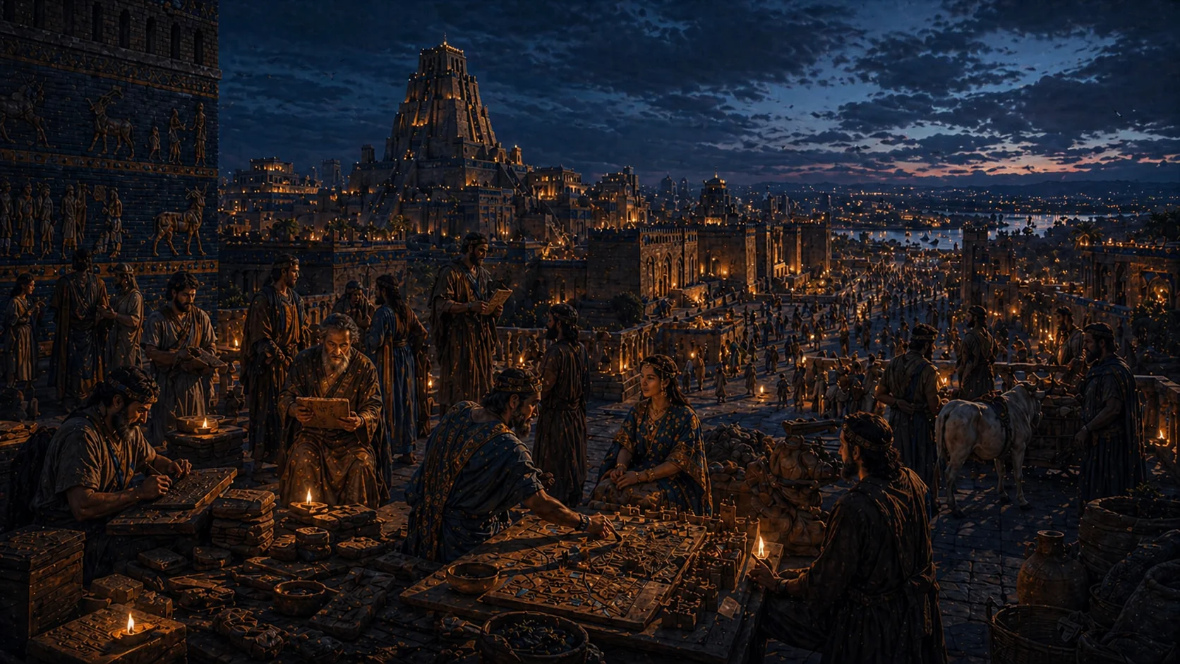 Cités-États mésopotamiennes en ambiance nocturne — temples, scribes, écriture cunéiforme, naissance de l'administration