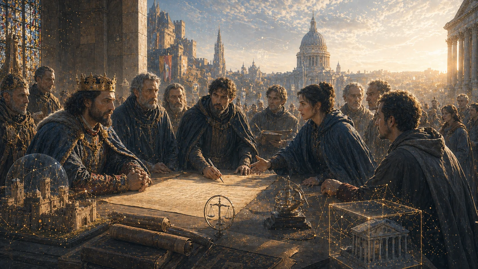 Magna Carta sous lumière éditoriale — barons, charte, parchemin, naissance du pouvoir limité par l'écrit