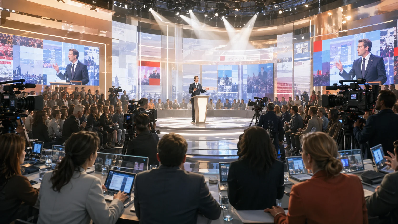 Illustration claire du théâtre médiatique — plateaux télé, clashs, attention comme monnaie, émotion qui supplante l'argument