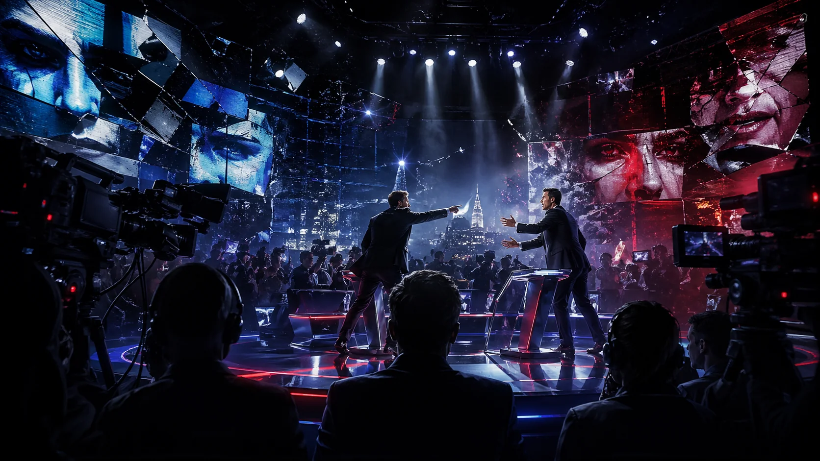 Illustration sombre du théâtre médiatique — plateaux télé, clashs, attention comme monnaie, émotion qui supplante l'argument