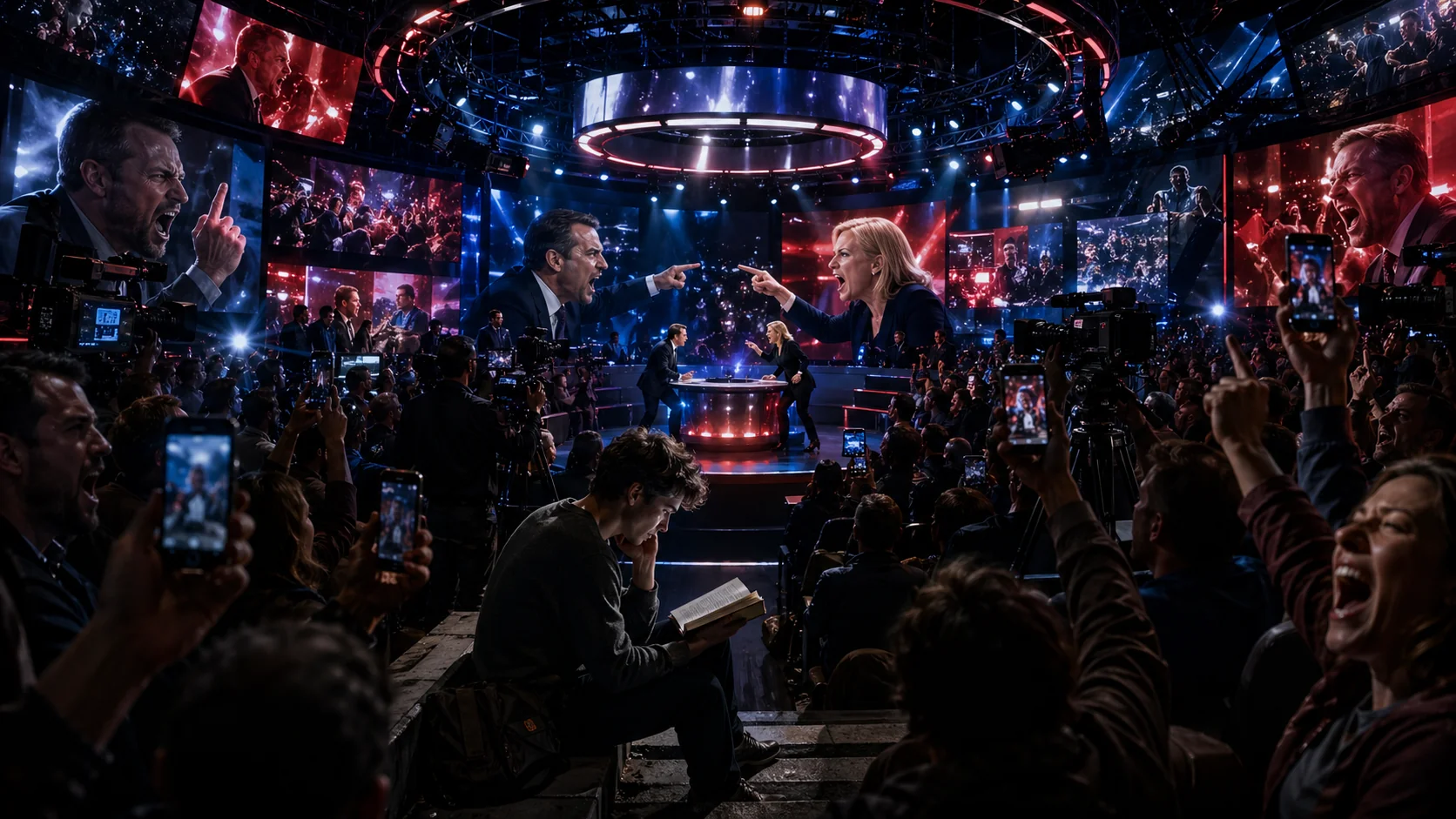 Illustration sombre du théâtre médiatique — plateaux, projecteurs, débat spectacle