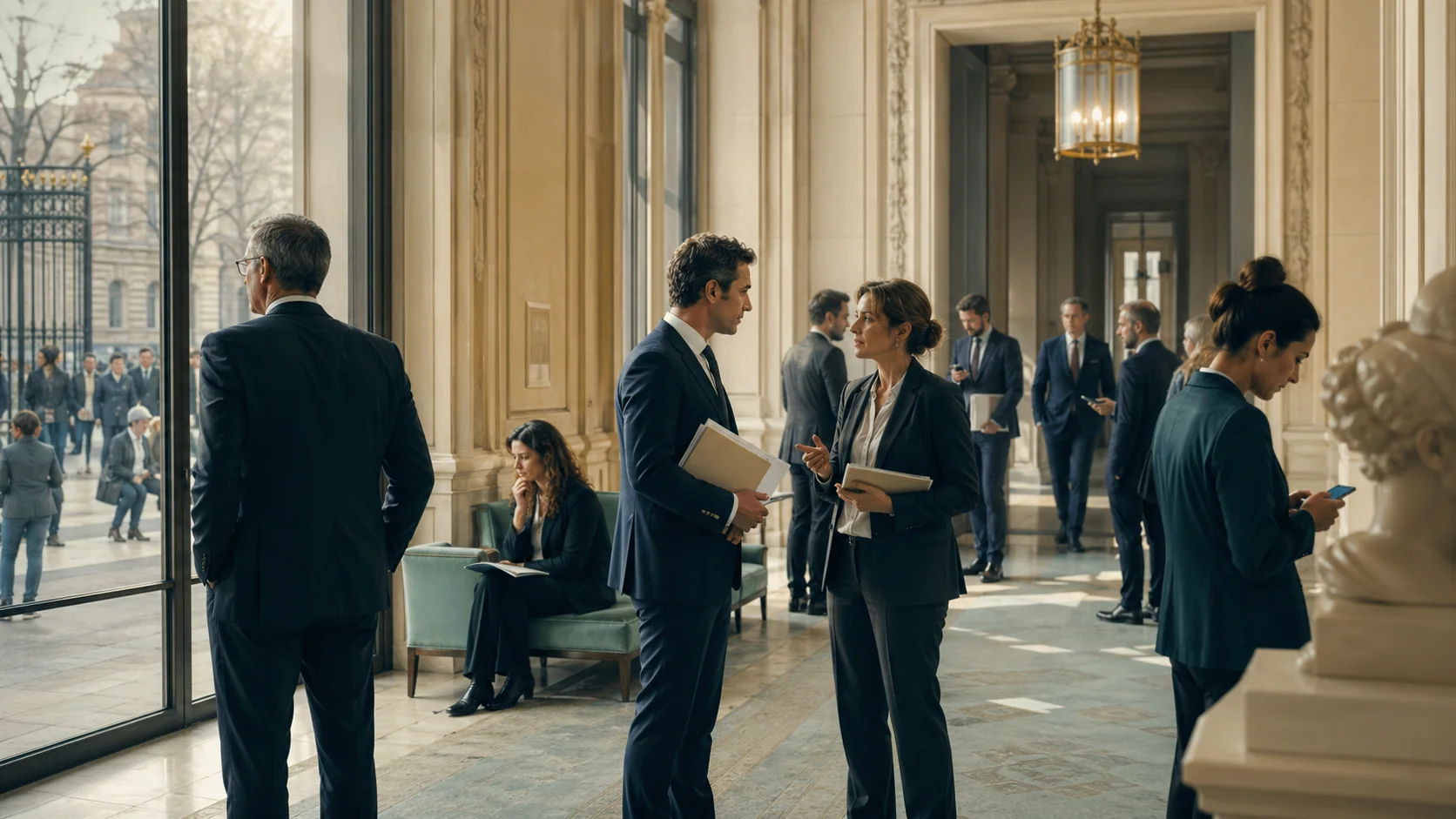Illustration claire de la carrière politique — couloirs feutrés, conservation de soi