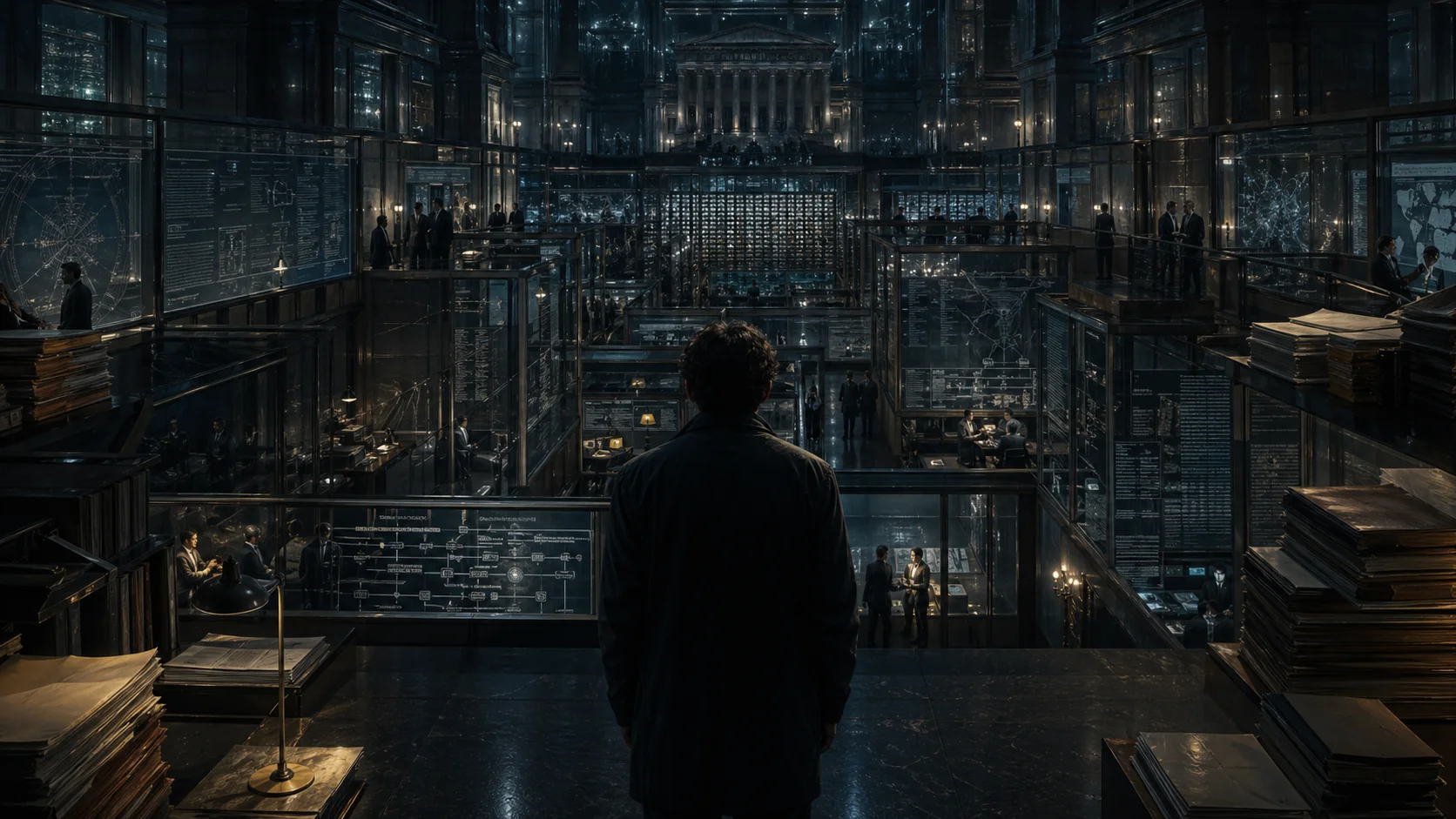 Illustration sombre de la complexité volontaire — labyrinthe administratif, jargon, technicité comme écran