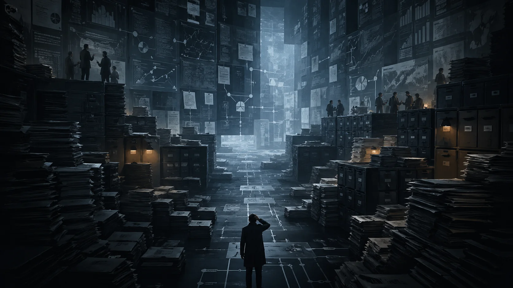 Illustration sombre de la complexité volontaire — labyrinthe administratif, jargon technique, ce qui n'est pas compris finit par être subi