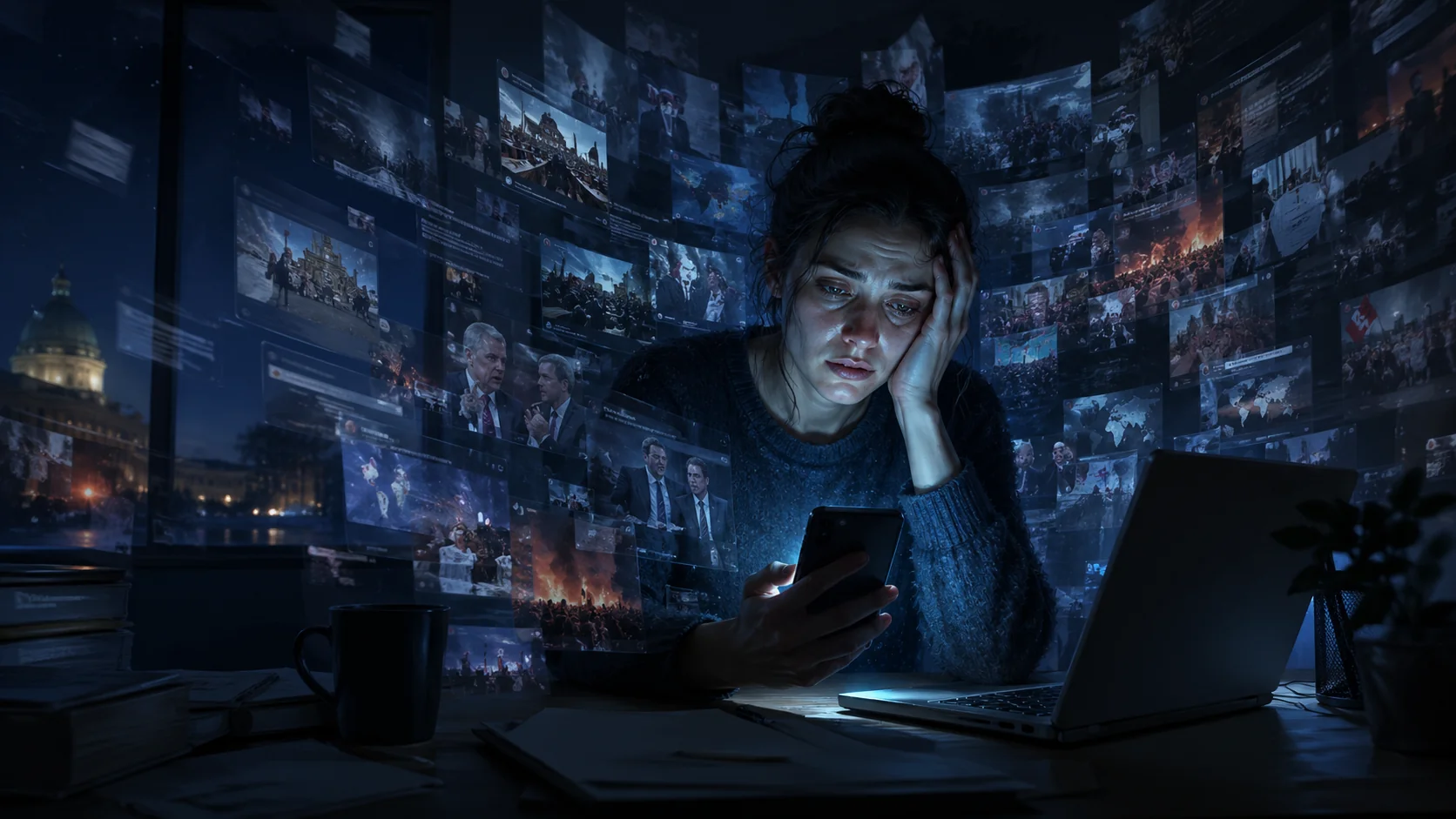 Illustration sombre de la fatigue démocratique — flux infini d'informations, anxiété douce, retrait pour respirer