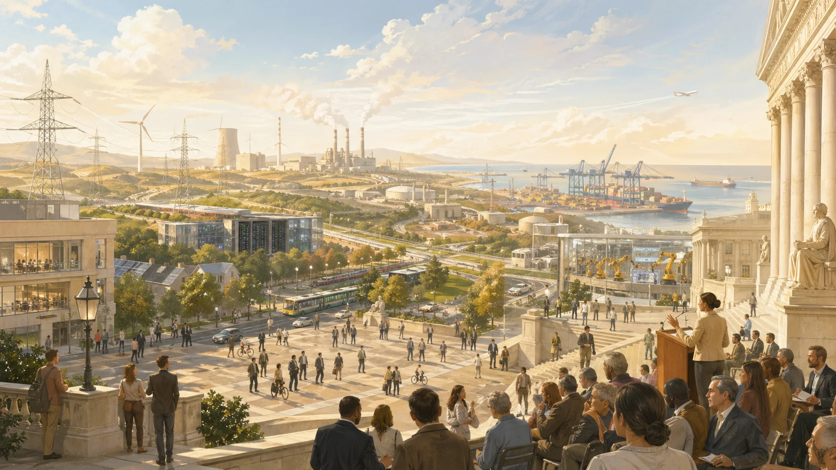Illustration claire de l'énergie comme angle mort de la démocratie — flux invisibles de pétrole, charbon et gaz qui sous-tendent la cité moderne