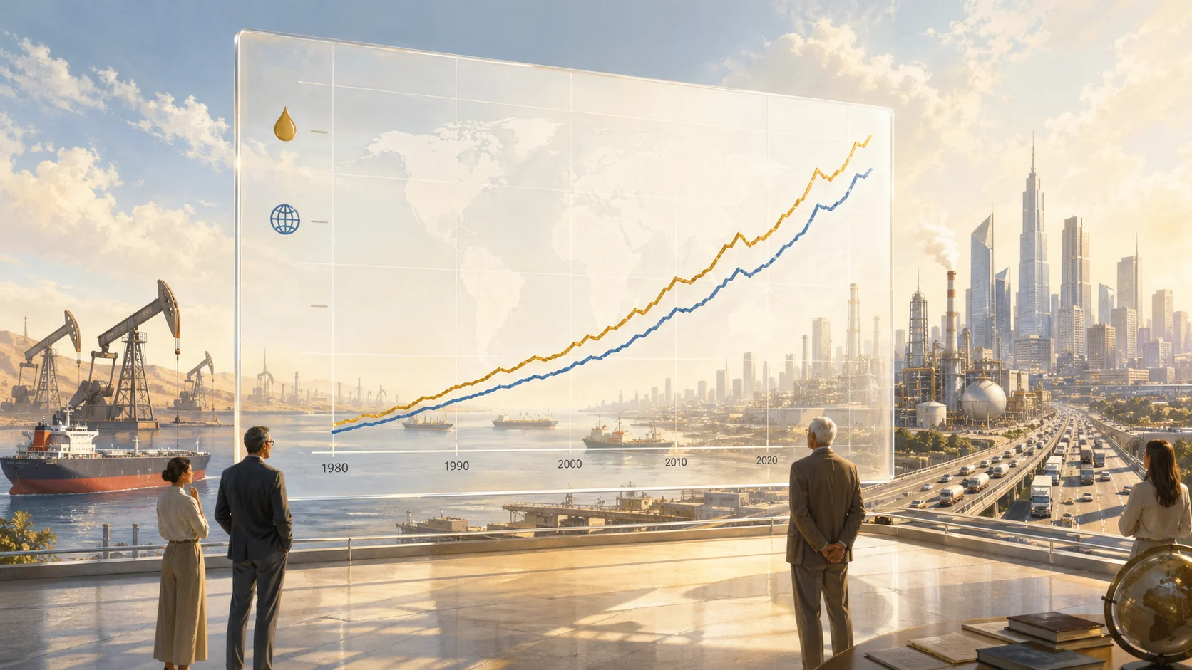 Illustration claire de la corrélation pétrole / PIB mondial — courbes presque collées, dépendance énergétique visible