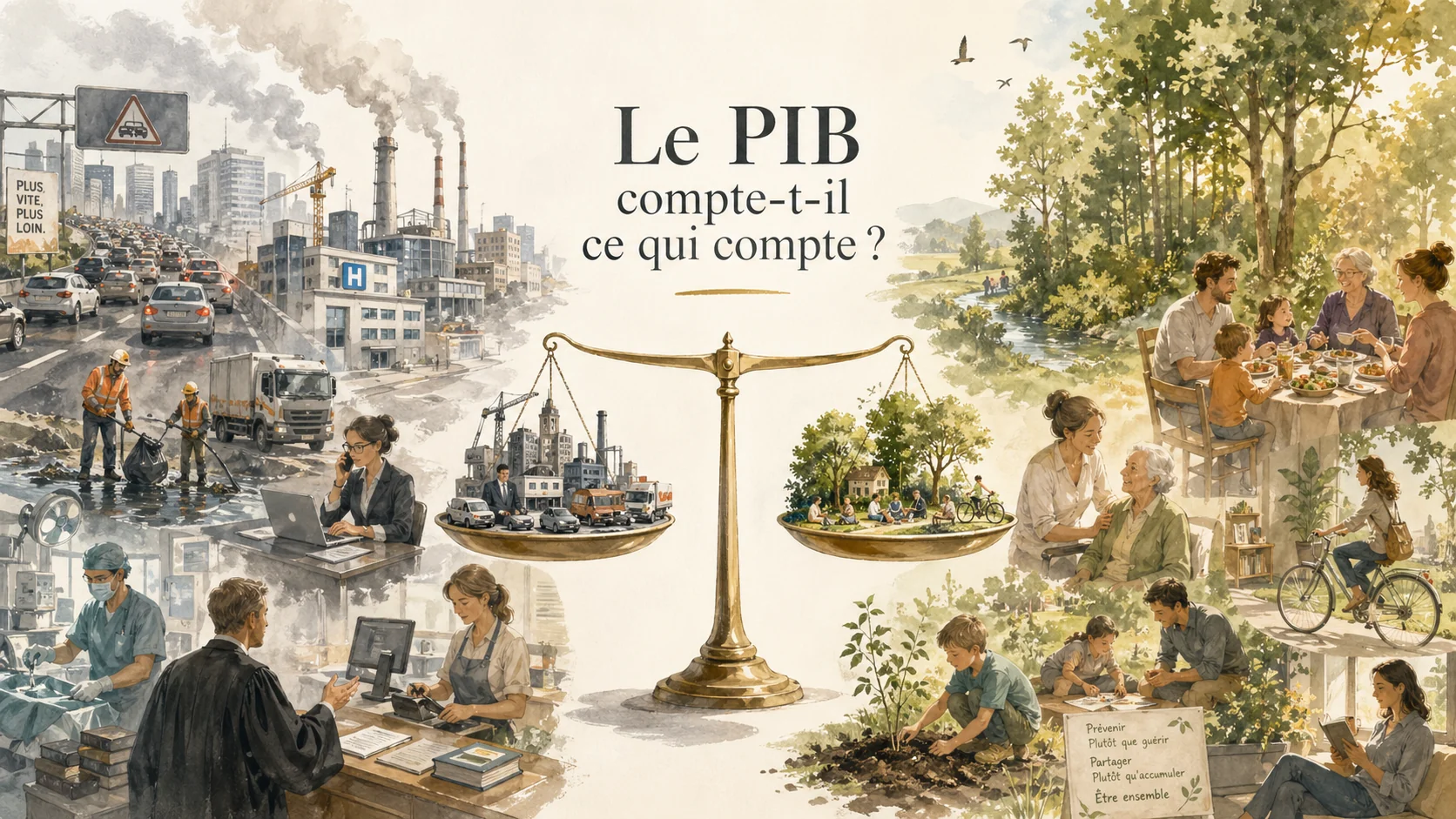 Illustration claire — ce que le PIB compte / ce qu'il ne compte pas, balance entre marchand et non-marchand