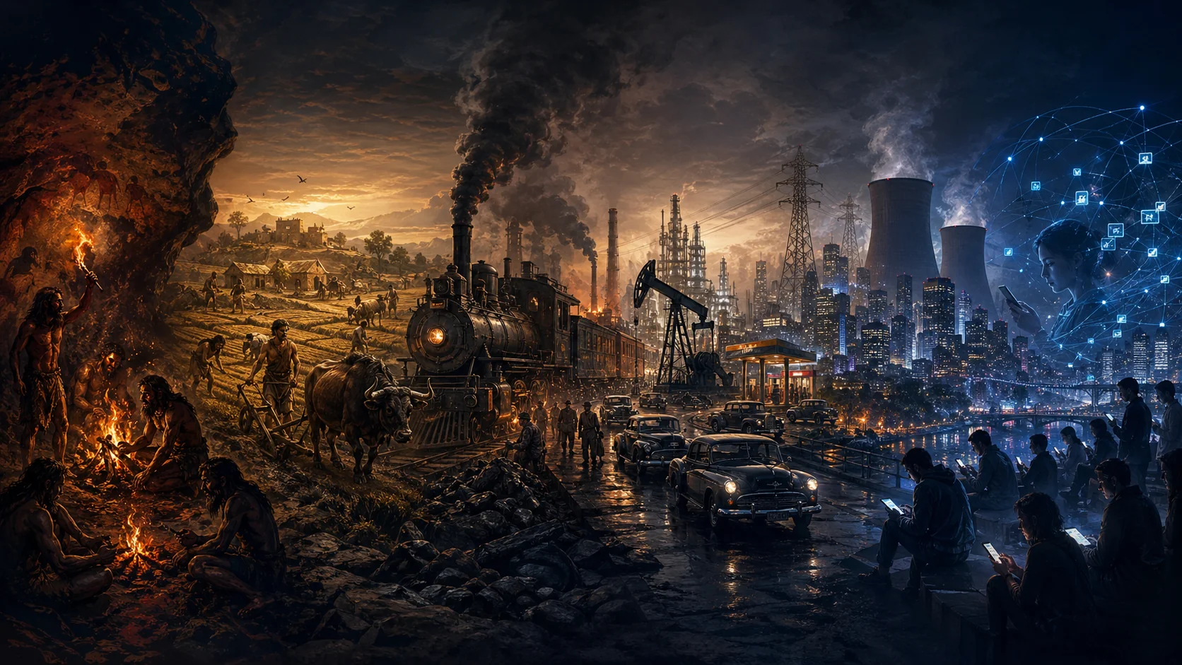 Illustration claire des sauts énergétiques — feu, vapeur, pétrole, électricité, numérique enchaînés