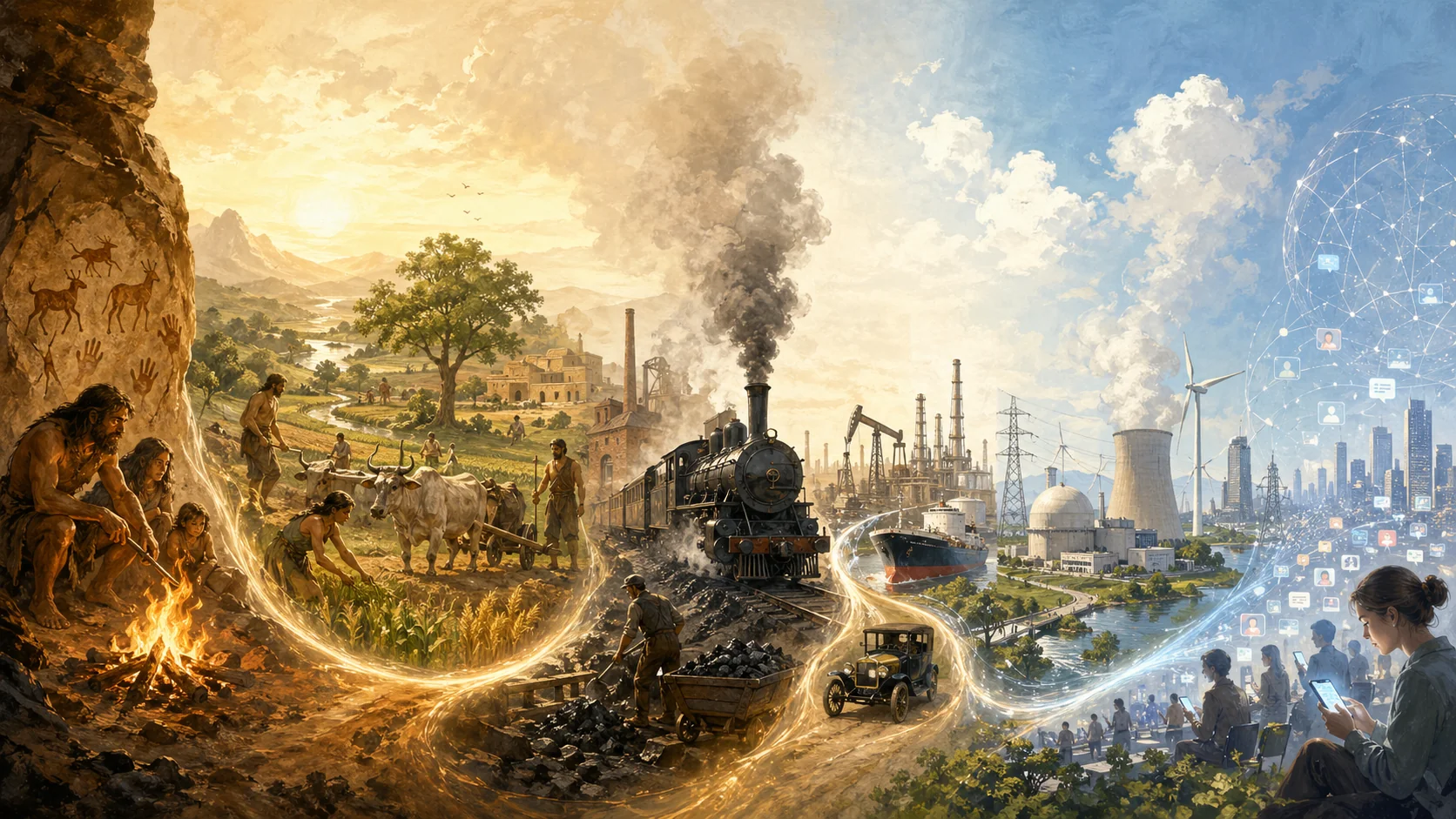 Illustration sombre des sauts énergétiques — feu, vapeur, pétrole, électricité, numérique enchaînés