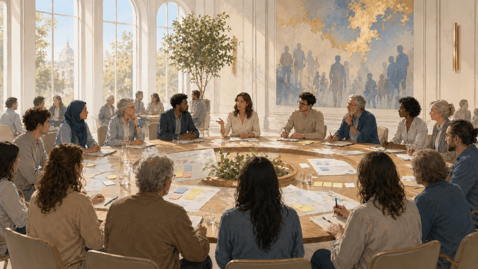 Illustration claire de l'assemblée citoyenne — table ronde, tirage au sort, délibération mûrie