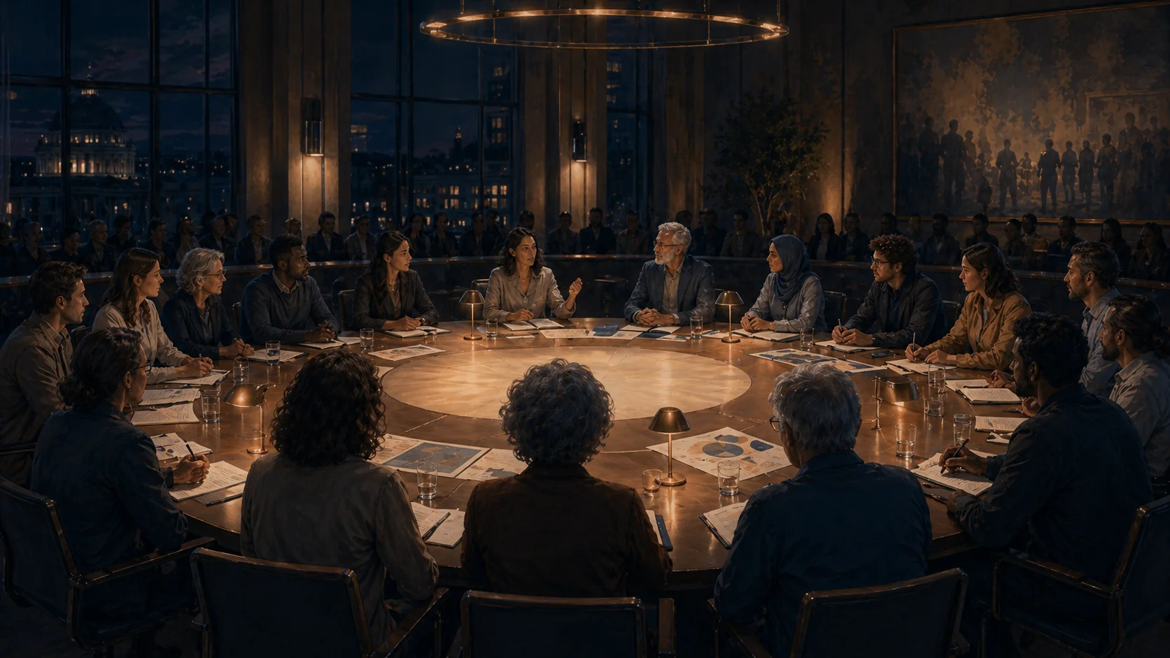 Illustration sombre de l'assemblée citoyenne — table ronde, tirage au sort, délibération mûrie