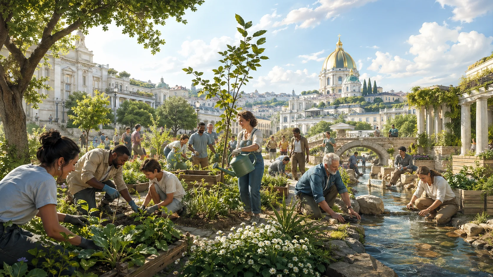 Illustration claire du bien commun — jardin partagé, ressource collective, coopération à la Ostrom