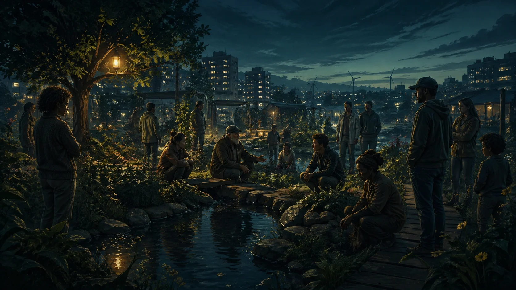Illustration sombre du bien commun — jardin partagé, ressource collective, coopération à la Ostrom