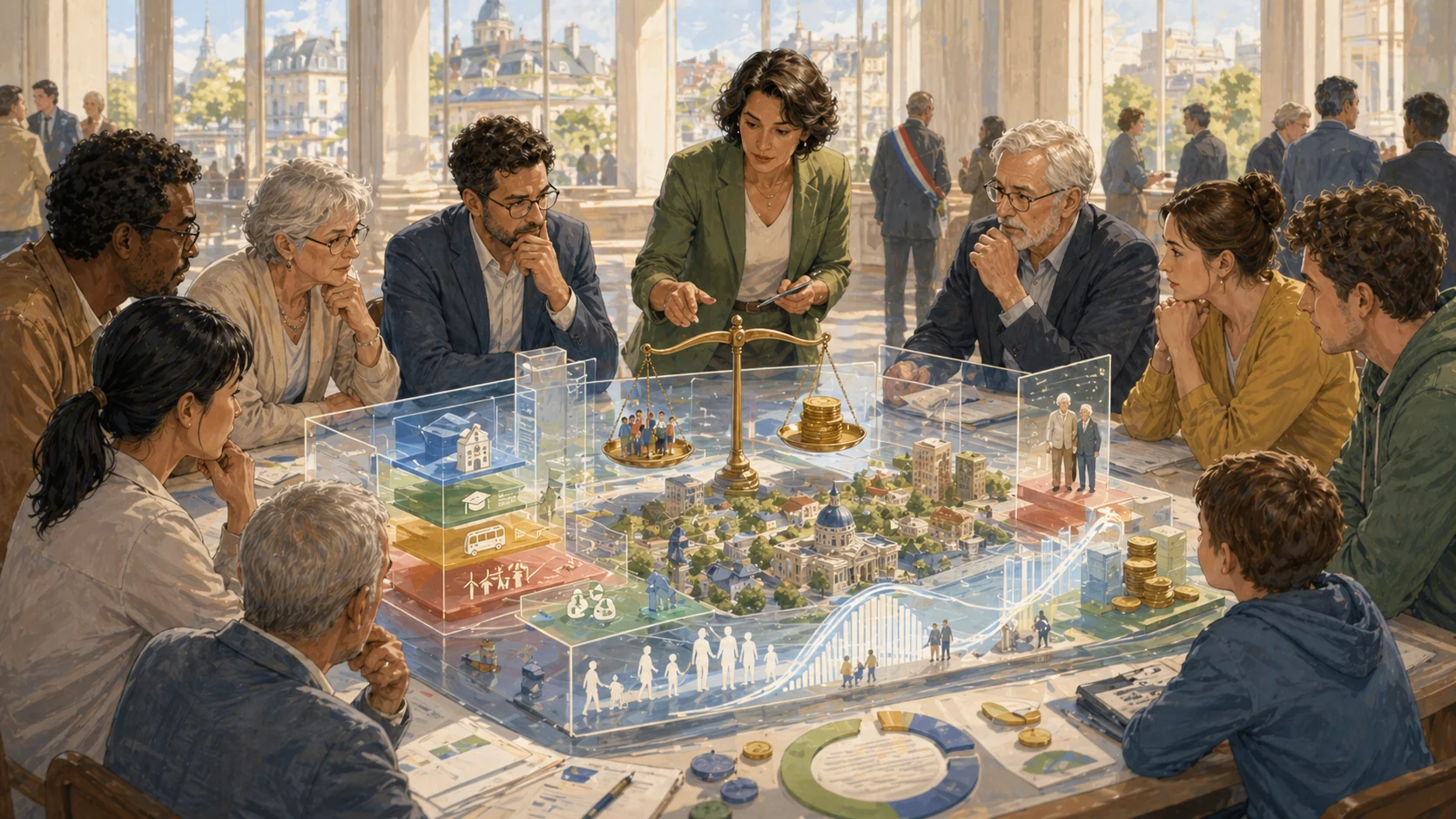 Illustration claire de la dette publique — chiffres qui défilent, promesse faite aux générations qui n'existent pas encore, contrainte budgétaire