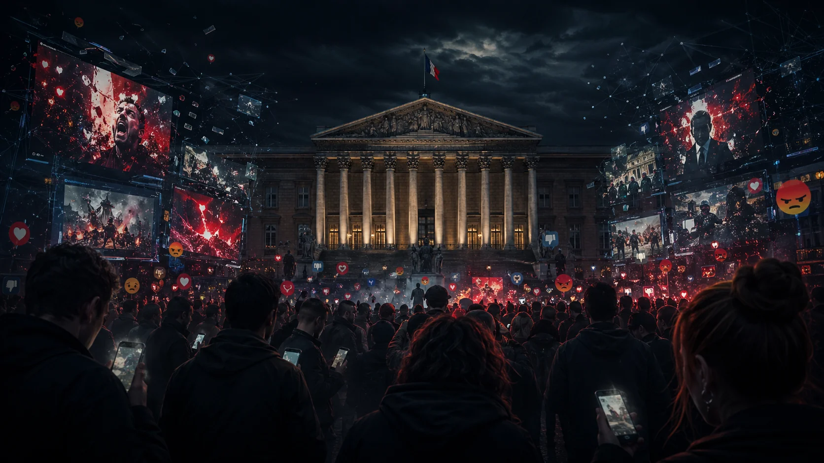 Illustration sombre de la démocratie spectacle — projecteurs, écrans, émotion comme monnaie d'attention