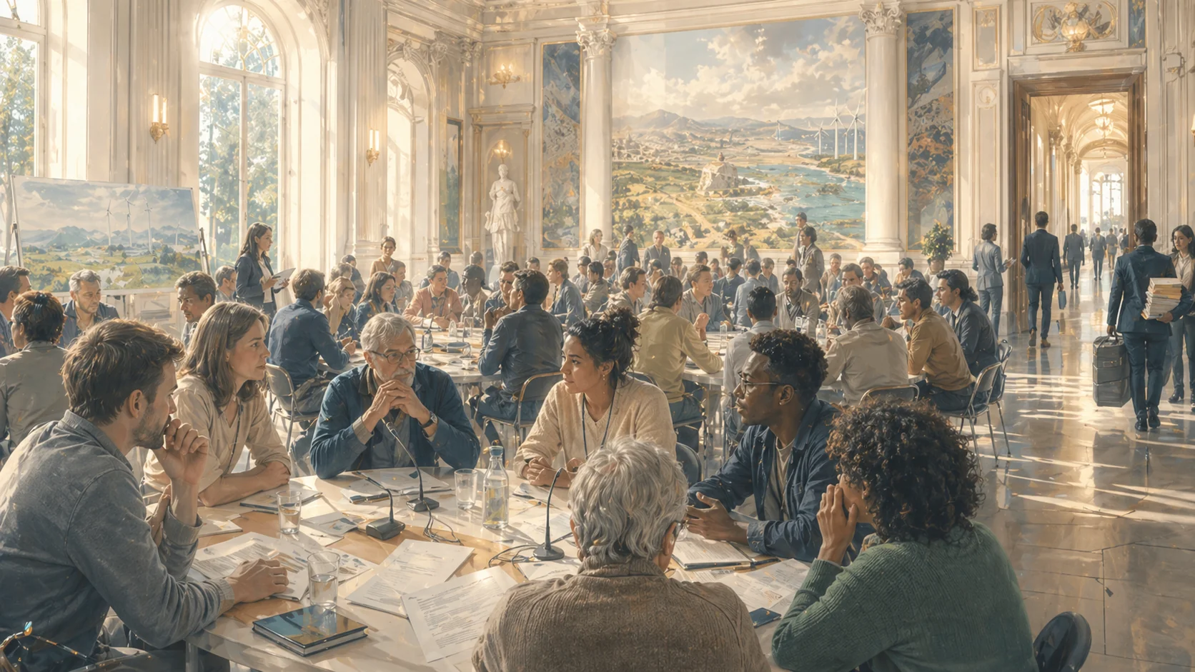 Illustration claire de la démocratie délibérative — assemblée à l'écoute, décision mûrie, temps long