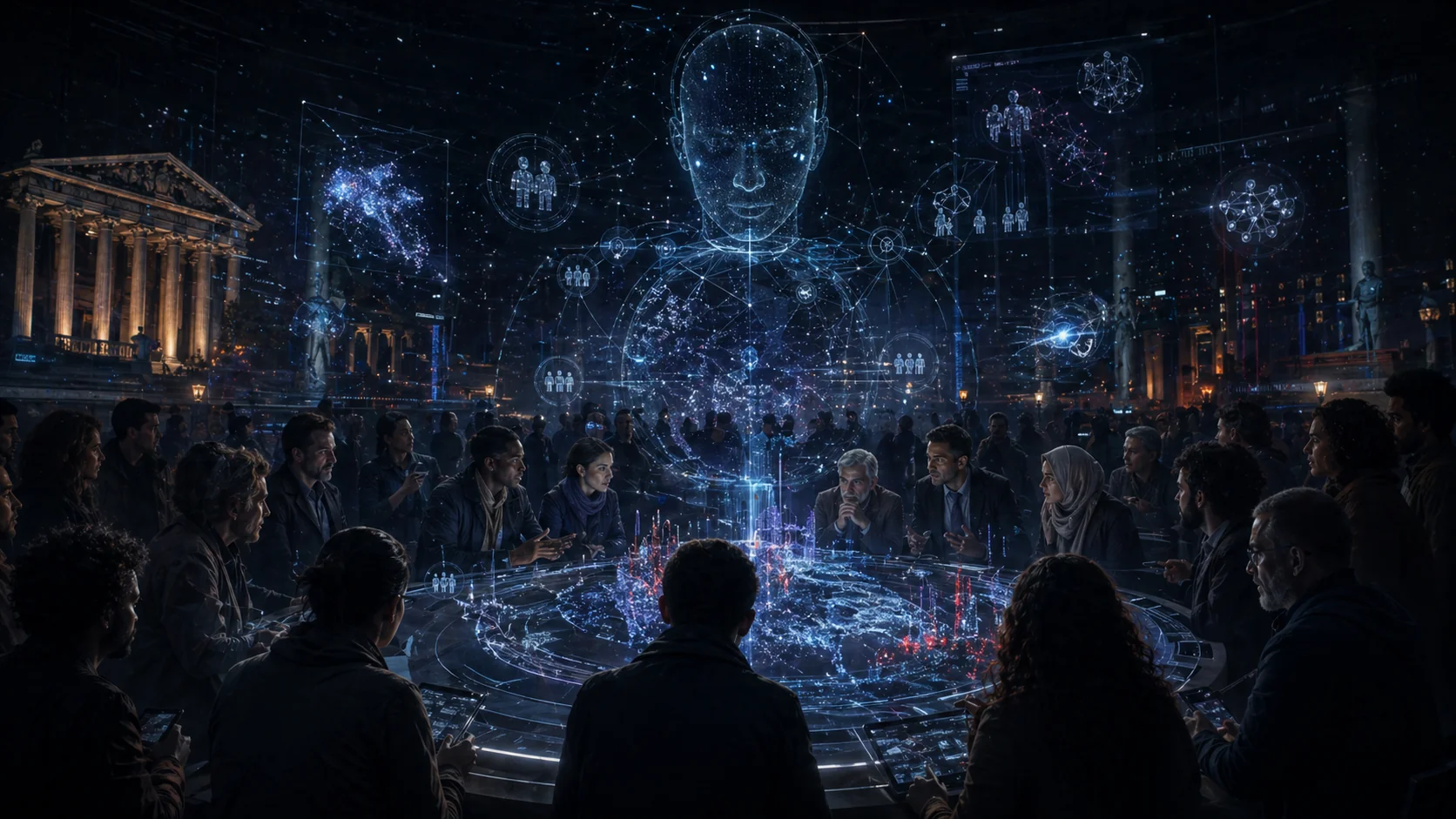 Illustration sombre de la démocratie assistée par l'IA — interface lumineuse, simulation des conséquences, jugement augmenté