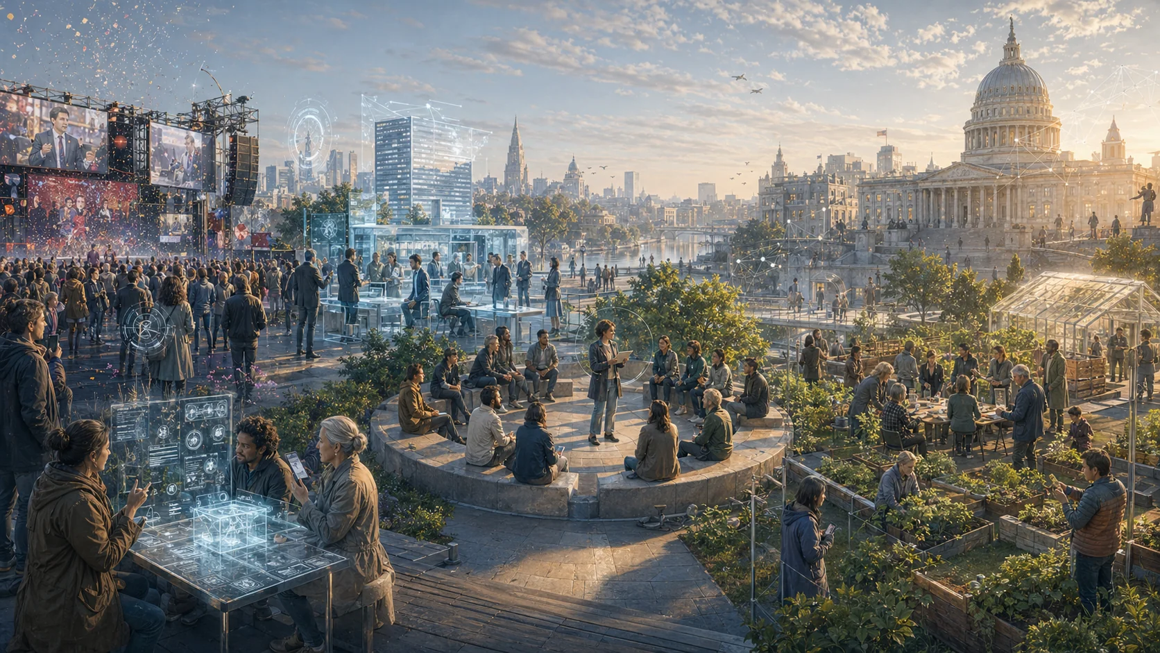 Place civique au coucher de soleil — assemblée et ville en arrière-plan