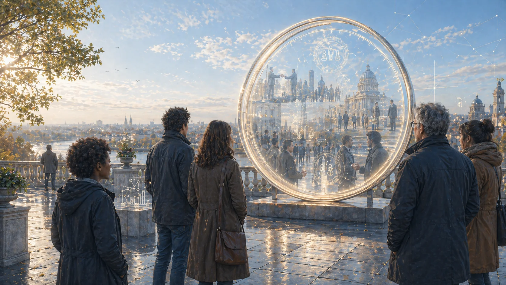 Place futuriste sous lumière dorée — futurs politiques en projection