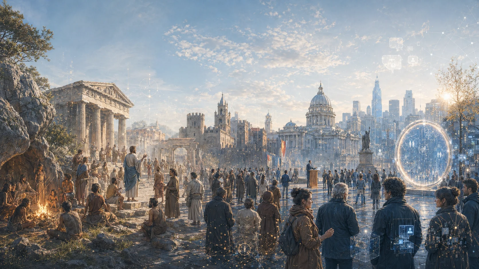 Évolution de la civilisation humaine, du temple antique à la ville numérique