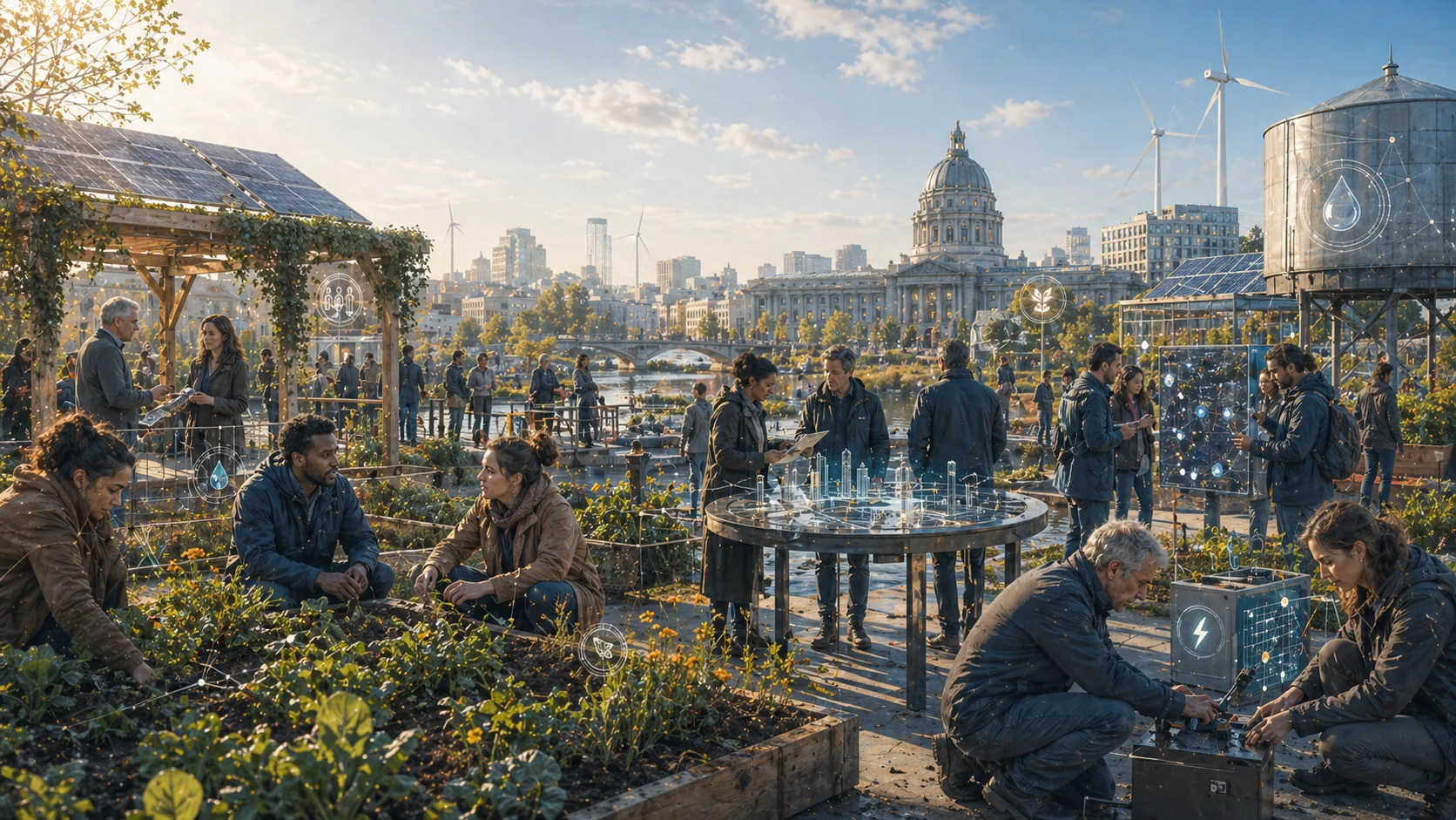 Citoyens cultivant un commun urbain — jardin partagé et coopération